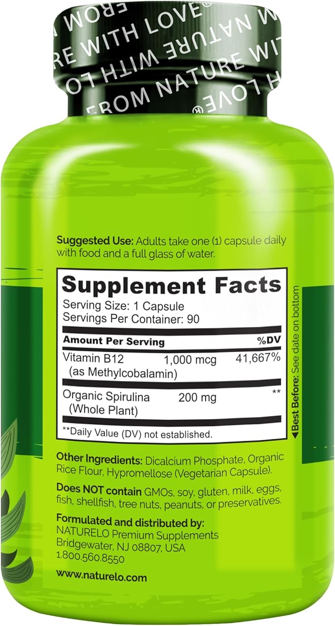 NATURELO Vegan B12 - Methyl B12 with Organic Spirulina - High Potency Vitamin B12 1000 mcg Methylcobalamin - Supports Healthy Mood, Energy, Heart & Eye Health - 90 Capsules (Pack of 2)