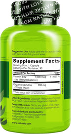 NATURELO Vegan B12 - Methyl B12 with Organic Spirulina - High Potency Vitamin B12 1000 mcg Methylcobalamin - Supports Healthy Mood, Energy, Heart & Eye Health - 90 Capsules (Pack of 2)