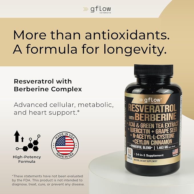 Resveratrol Supplement with Berberine Green Tea Extract, Ceylon Cinnamon, Grape Seed & Quercetin1000mg Quercetin, N Acetyl cysteine, Acai | 100% Natural, Max Strength | Made in USA