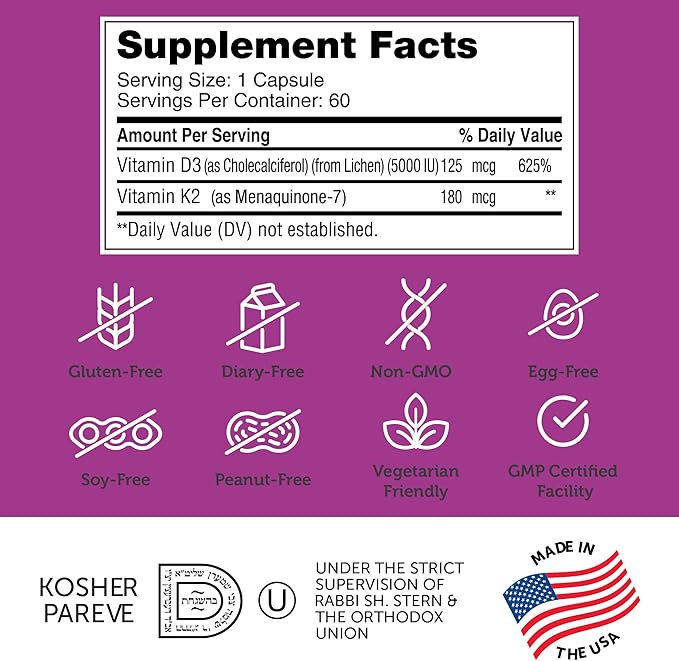 Zahler Vitamin D3 & K2 Advanced D3 & K2 Formula Supports Bone Density & Calcium Absorption, 60 Capsules.