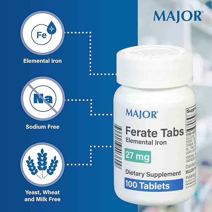 Major 27 mg Ferate Tabs - Ferrous Gluconate Elemental Iron Dietary Supplement - 100 Count (2 Pack)