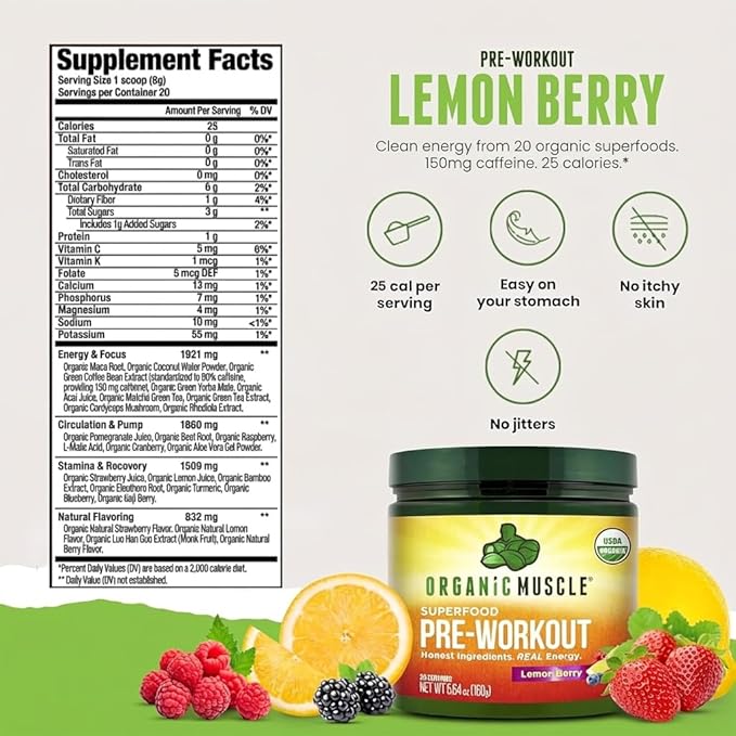 Organic Muscle Organic Pre Workout Powder, Lemon Berry — USDA Organic Superfood Blend | Maca, Beet Root, Cordyceps, Rhodiola | 150mg Natural Caffeine, Vegan, No Jitters, 20 Servings