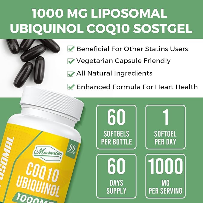 1000mg Liposomal CoQ10 Softgels | Better Absorption CoQ10 Ubiquinol Supplement | Heart Function & Energy Production | Active Antioxidant Form of Vegan Coenzyme Q10 | Non-GMO | 60 Softgels