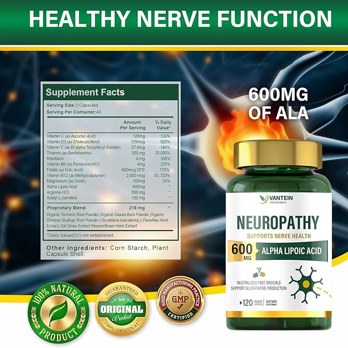 Nerve Savior for Neuropathy 600mg - 120 Veggie Capsules High Potency Alpha Lipoic Acid Supplement for Hands, Feet & Toes Comfort - Powerful Antioxidant Formula