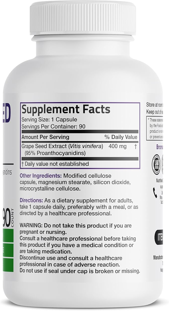 Bronson Grape Seed Extract 400 mg - Antioxidant & Immune Support - Standardized Extract with 95% Proanthocyanidins- Non GMO, 90 Vegetarian Capsules