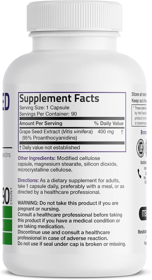 Bronson Grape Seed Extract 400 mg - Antioxidant & Immune Support - Standardized Extract with 95% Proanthocyanidins- Non GMO, 90 Vegetarian Capsules