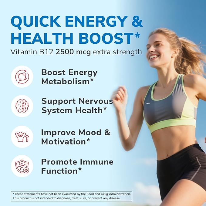 Vitamin B12 2500 mcg, Extra Strength Sublingual Methylcobalamin, Natural Peach Flavor, Nervous System, Energy Support, No Sugar, 90 Fast Dissolve Tablets