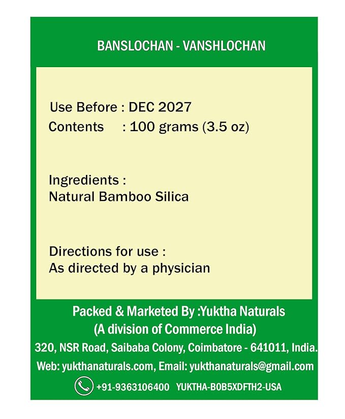 Yuktha Naturals Banslochan | Vanshlochan | Tabasheer | Tabashir | Bamboo Silica - 100g/3.5 oz