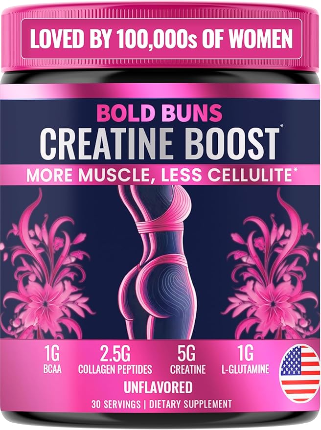 Bold Buns Creatine for Women – Booty Builder Supplement with Collagen & BCAA – Supports Muscle Development, Post-Workout Recovery, Skin Elasticity, Healthy Hair & Nail | Unflavored – 30 Servings
