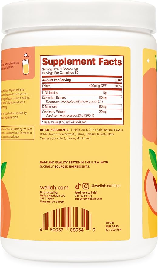 Wellah L-Glutamine Peach Mango (50 Servings) - 5g L-Glutamine Per Serving, Sweetened with Stevia
