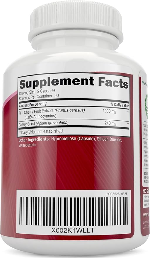 Tart Cherry Extract Capsules 1,000mg - 180 Capsules, 3 Month Supply - Blend with Tart Cherry and Celery Seed Powder