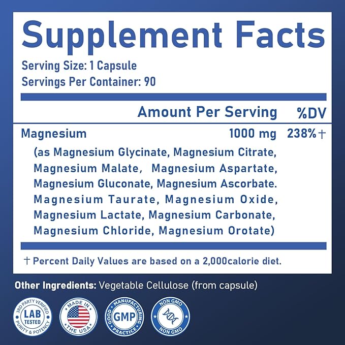 12 in 1 Magnesium Complex, Magnesium Supplement 1000mg with Glycinate, Citrate, Malate, L-Threonate,Taurate, Sleep Support, Third-Party Tested, Vegan & Easy to Swallow，90 Days Supply