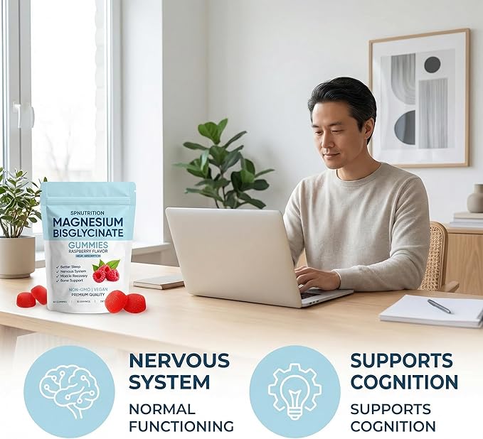 Spnutrition Magnesium Bisglycinate Gummies, 400mg Magnesium Bisglycinate Chelate with Sea Salt & Raspberry Powder, Supports Sleep, Nerve & Muscle Relaxation, Bone Health Support, Vegan, 60 Gummies (1)