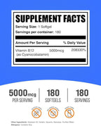 BulkSupplements.com Vitamin B12 5000 mcg Softgels - Cyanocobalamin, Vitamin B Supplements, B12 Vitamins Pills - Gluten Free, 1 Vitamin B12 Softgel per Serving, 180-Day Supply, 180 Softgels