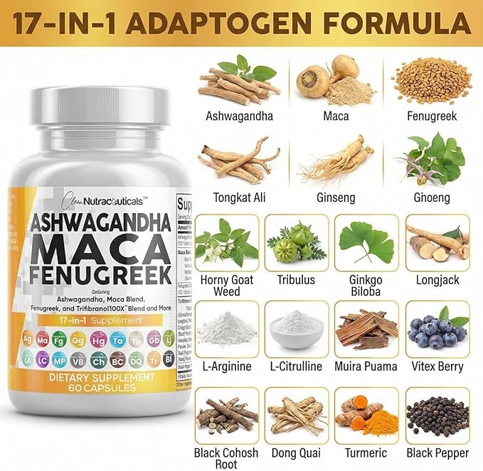 Clean Nutraceuticals Ashwagandha Maca Root Fenugreek Supplement with Tongkat Ali Ginseng - Assists with Stress, Mood & Thyroid - Ashwagandha Capsules Fenugreek Caps - 1 Pack