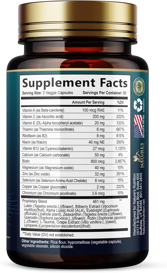 Eye Vitamins Supplements - 3x Strength Eye Health Vitamin with Lutein and Zeaxanthin - Vision Macular Health & Dry Eyes Support With Zinc, Vitamins C E & Minerals, Bottled in USA - 120 Capsules