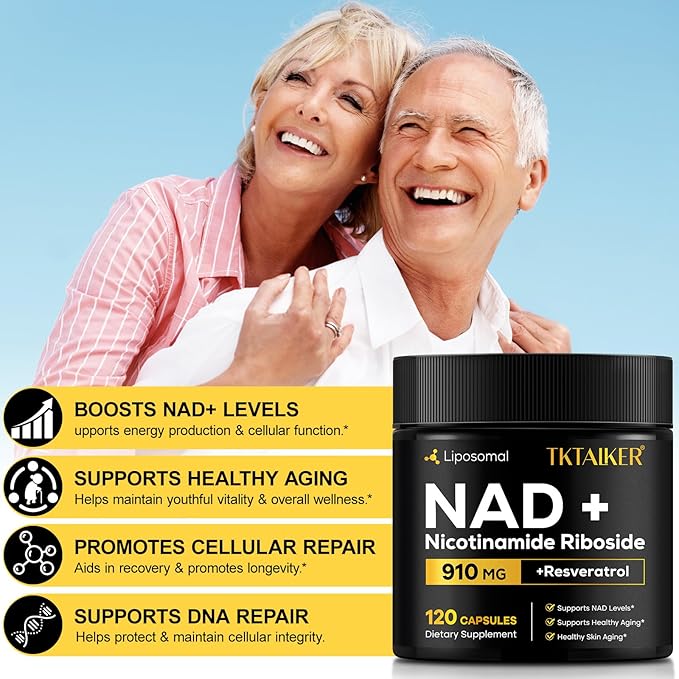 TKTALKER NAD Supplement, 910MG Liposomal Nicotinamide Riboside with Resveratrol & Quercetin, Anti-Aging, Cellular Energy, Mental Focus & Stamina & Healthy, Women & Men, 120 Capsules