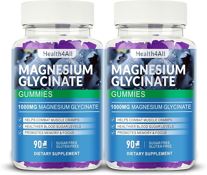 Magnesium Glycinate Gummies 1000mg, High Absorption Sugar Free Magnesium Potassium Supplement for Relaxation, Stress Relief, and Sleep Support for Adults & Kids - 180 Blueberry Gummies
