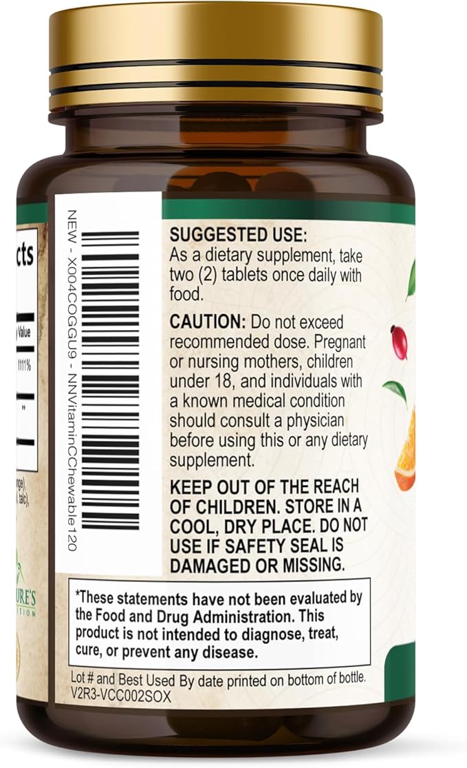 Vitamin C 1000mg Per Serving Chewable - Extra Strength Antioxidants for Powerful Immune Support w/Vitamin C & Rose HIPS, Potent Dietary VIT C Chews Supplement, Natural Orange Flavor, 120 Tablets