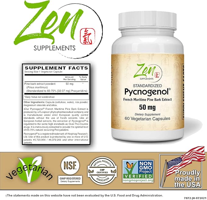 Zen Supplements Pycnogenol 50mg - Standardized French Maritime Pine Bark Extract for Antioxidant & Inflammation Support - Non-GMO, Gluten & Soy Free 60-Vegcaps