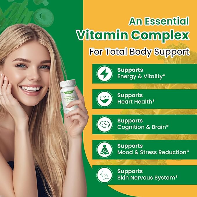 Vitamin B Complex, with Vitamins B1, B2, B3, B5, B6, B12, folic Acid, Choline, zinc, Calcium, inositol, for Brain and Heart Health, Immune Health, and Cellular Energy Support, 60 Tablets