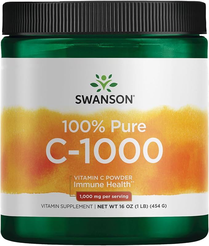 Swanson Vitamin C Powder 100% Pure Ascorbic Acid, Immune System Support, Skin Health, Cardiovascular Health, Antioxidant Supplement 1000 mg (per Serving) 1 lb. 454 g