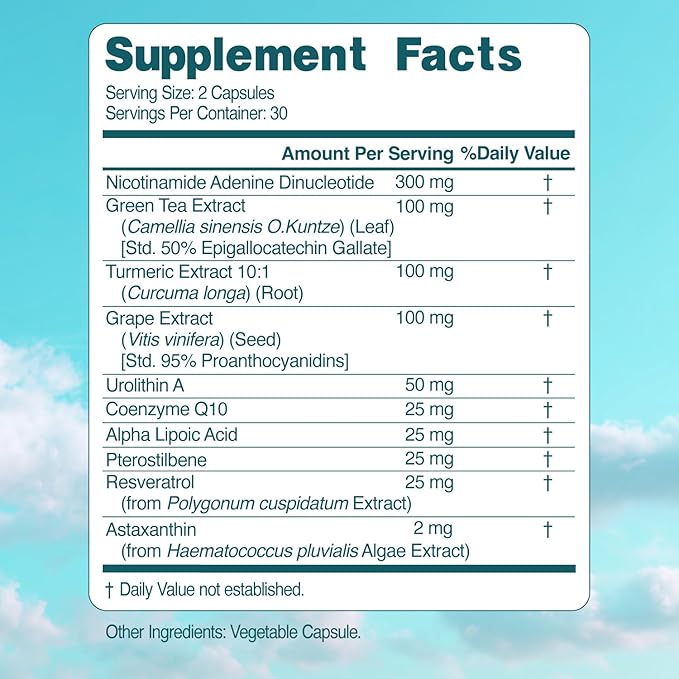 NAD+ Elite Complex – Direct NAD+ 300 mg with Urolithin A, Resveratrol, CoQ10 & Antioxidant Blend – Cellular Energy, Mitochondrial Support & Healthy Aging – Vegan, Non-GMO, 60 Capsules (30 Servings)