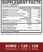 Iron Supplement for Women & Men, 65mg Ferrous Bisglycinate Chelate, Slow Release Iron with Vitamins A C E B6, B12, Folate, Organic Spinach & Beet Root Powder, for Blood Flow & Energy Support, 120 Caps