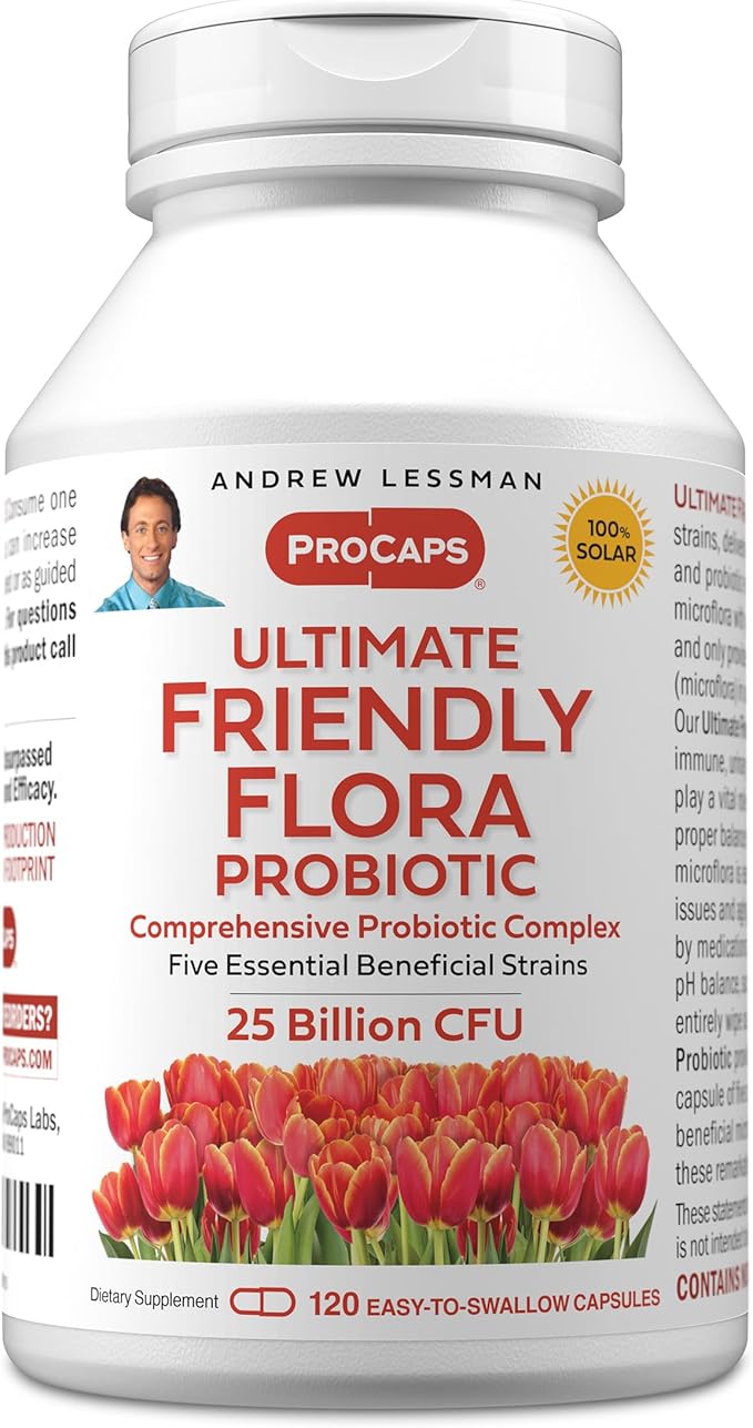 ANDREW LESSMAN Ultimate Friendly Flora Probiotic 120 Capsules - 25 Billion CFU, Comprehensive Blend of Five Probiotic Strains, Powerful Immune and Digestive Support. Probiotics for Women or Men