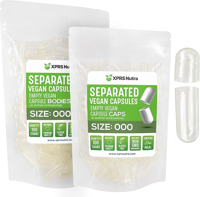 XPRS Nutra Vegan Size 000 Separated Capsules- 100 Count Premium Empty Caps Separated in Bags - Clear Empty Capsules - 000 Pills for DIY Supplement Filling