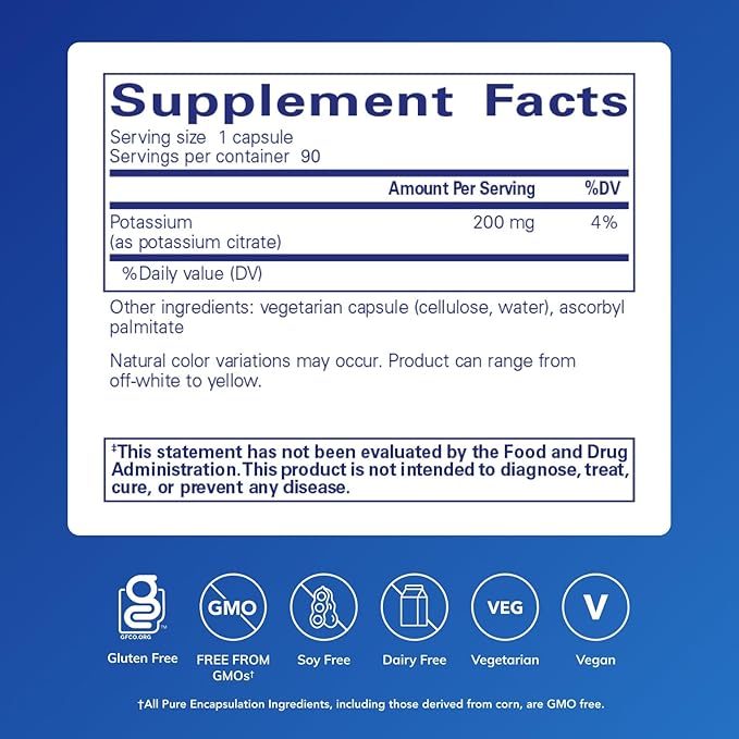 Pure Encapsulations Potassium (Citrate) - Essential Electrolyte Supplement to Support Nerve & Muscle Function, Adrenals, Hormones, Heart Health & Energy* - Potassium Citrate Capsule - 90 Capsules