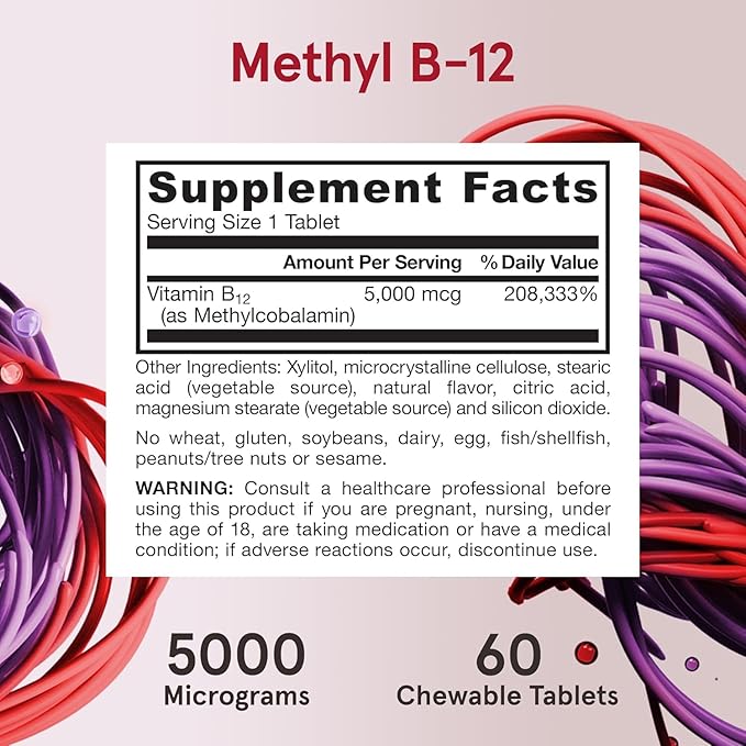 Jarrow Formulas Methyl Vitamin B12 5000 mcg - 60 Chewable Tablets, Naturally Fruit Flavored- B12 Vitamin, Brain Health & Metabolism - 60 Servings (Pack of 2)
