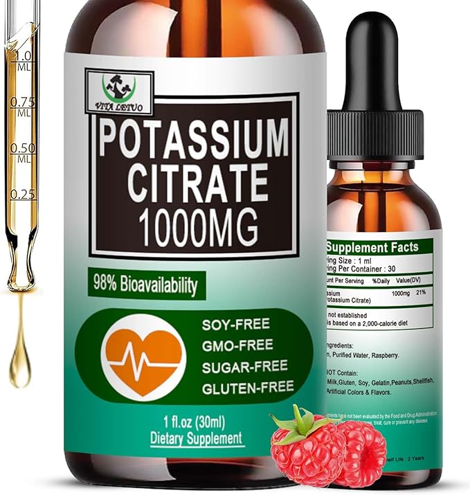Potassium Citrate Liquid Drops,Potassium Supplement 1000mg Liquid Support Muscle Cramp Relief, Heart Health and Sleep,Highly Absorbable for Adults Women & Men, Vegan, 30 Servings