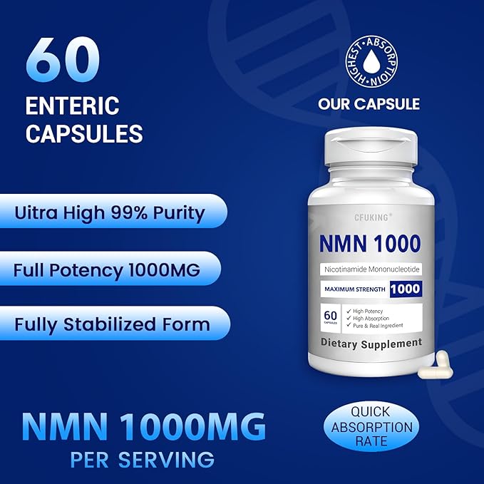 NMN 1000mg Per Serving Maximum Strength - 99% Pure NMN (Nicotinamide Mononucleotide) for NAD, Cell, Immune, Energy, Anti-Aging & Longevity, Stabilized NMN Supplements 1000mg - 60 Veggie Capsules