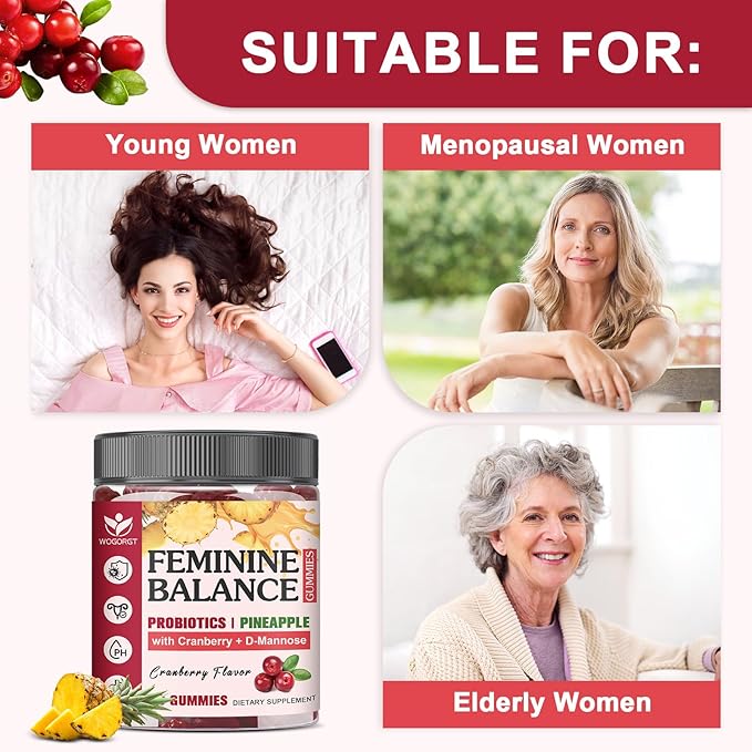 Feminine Balance Gummies for Women - Vaginal Health, pH Balance Support, Pineapple Probiotics Gummies for Women with Cranberry Extract and D-Mannose, Sugar Free, Vegan, Cranberry Flavor - 60Ct (2pack)