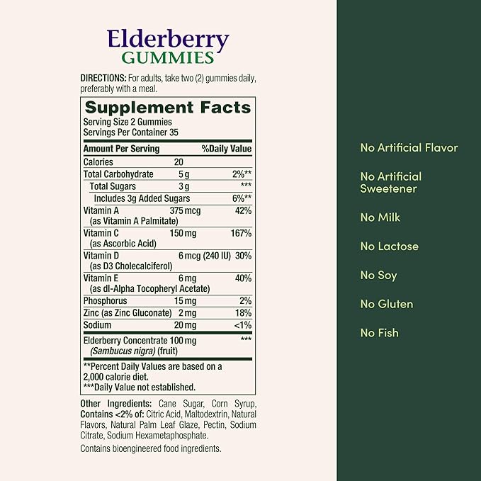 Nature's Bounty Elderberry Gummies, Dietary Supplement, Supports Immune Health, Contains Vitamin A, C, D, E and Zinc, 100 mg, 70 Gummies