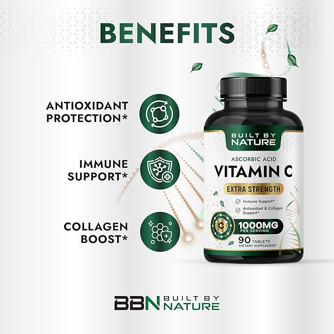 Built by Nature Vitamin C 1000mg – High Potency Immune Support Supplement – Vitamina C Antioxidant for Women & Men – Supports Energy, Skin & Collagen - 90 Tablets