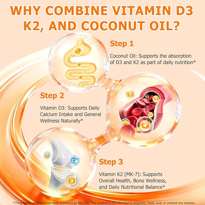 Vitamin D3 K2, D3 K2 Vitamin 10000 iu Supplement With Coconut Oil Softgels, 2 in 1 Formula 200 mcg (MK-7) Complex Softgels Support Calcium Absorption, Immune, Bone Health D3 K2 Vitamin - 120 Softgels