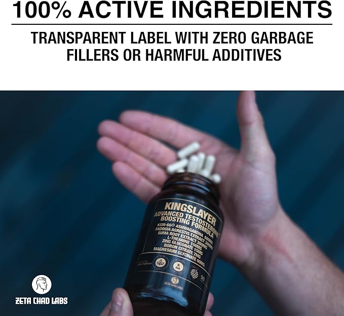 Kingslayer: 7-in-1 Testosterone Booster for Men w/KSM-66, Fadogia, Suma Root, L-Theanine, Zinc, Boron, Magnesium – Muscle, Energy, Libido & Focus