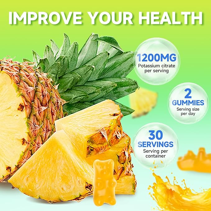 Potassium Citrate Gummies, High Potassium Supplement Gummies 1200mg Support Leg Cramps & Muscle Health, Vegan, Pineapple Flavor 60 Count