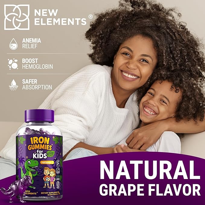 Iron Dinosaur Gummies for Kids with Vitamin C | Sugar-Free, Vegan, Gluten-Free & Non-GMO | Anemia Relief, Energy & Blood Health Support | Grape Flavor, Pectin-Based for Optimal Health (Pack of 2)
