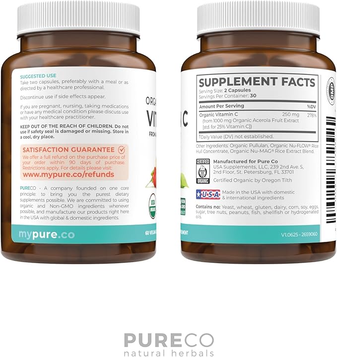 Certified Organic Vitamin C Supplement - Whole Food Acerola Vitamin C Immune Support Supplement for Seasonal Wellness with Naturally Occurring Bioflavonoids Polyphenols & Cofactors (1 Month Supply)