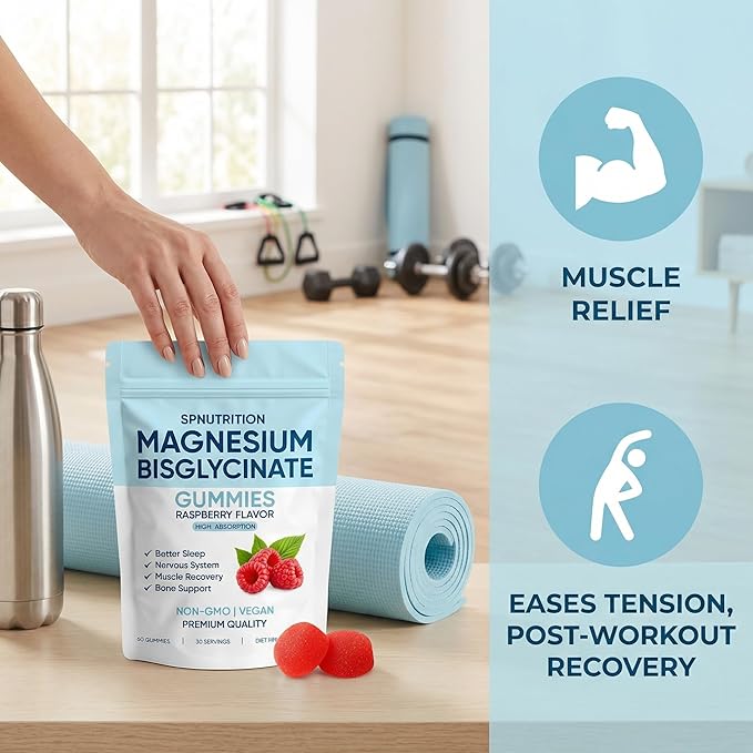 Spnutrition Magnesium Bisglycinate Gummies, 400mg Magnesium Bisglycinate Chelate with Sea Salt & Raspberry Powder, Supports Sleep, Nerve & Muscle Relaxation, Bone Health Support, Vegan, 60 Gummies (1)