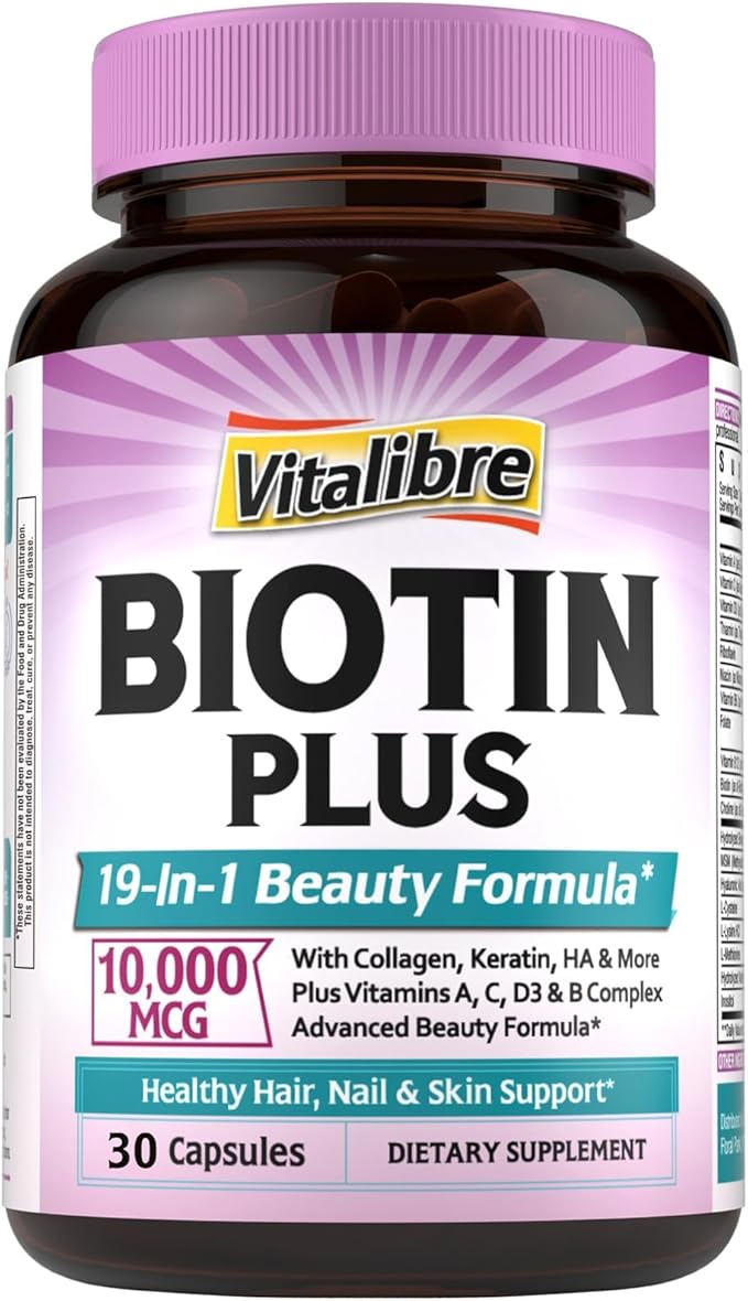 Biotin 10000mcg, Vitamin B7, Hydrolyzed Keratin, Hyaluronic Acid, Collagen, Amino Acids, MSM, Vitamins A, C, D3, B Complex, Hair, Nail, Skin, for Men and Women, 30 Caps