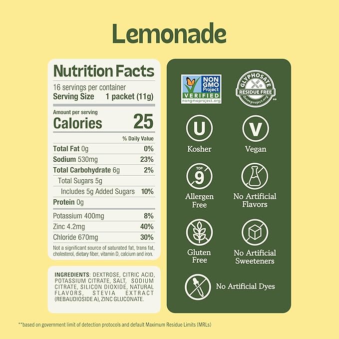 KinderFarms Electrolyte Powder for Kids and Adults - Drink Mix Hydration Packets (Lemonade, 16 Count), No Artificial Sweeteners or Flavors, No Synthetic Dyes, Vegan, Non-GMO, Gluten-Free