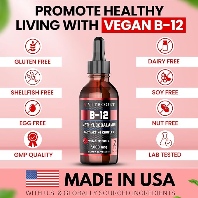VITBOOST Vegan Liquid B-12 Drops – 60 x 5000 mcg Extra Strength Raspberry Flavored Vitamin B12 Liquid Methylcobalamin sublingual Supplement | Designed to Maximize Absorption & Energy | Gluten Free
