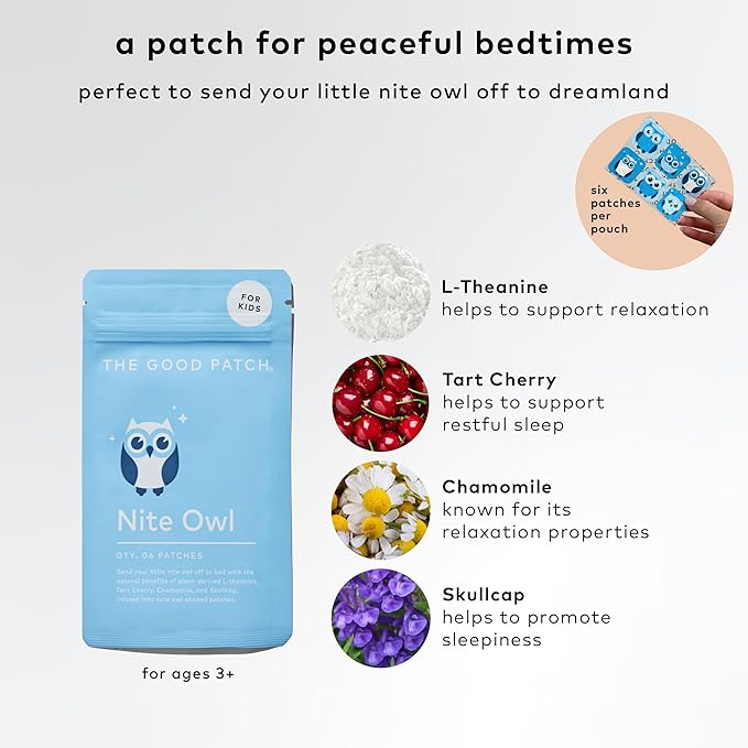 The Good Patch Nite Owl Patch, Natural Sleep Patch Support for Kid Bedtime with Tart Cherry, Chamomile, and Skullcap, Plant Powered, Sustained Release (12 Total Patches)