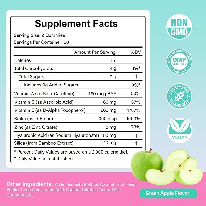 Vitamin E Gummies for Women – 400 IU (268mg) Vitamin E Supplements with Biotin & Hyaluronic Acid for Skin, Hair & Nails – Sugar Free, Vegan, Non-GMO – 60 Count