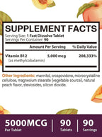 Vitamin B12 Sublingual, Methylcobalamin 5000mcg for Energy Production, Energy, Nerve & Cell Support, Natural Peach Flavor, Vegan, Zero Sugar, 90 Fast Dissolve Tablets