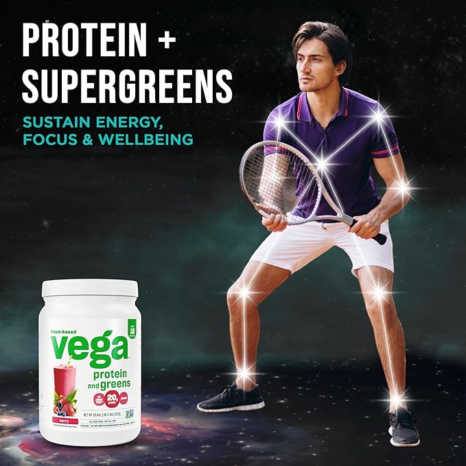 Vega Premium Protein + Supergreens, Berry – 20g Vegan Protein, Dairy & Gluten Free, 19.2 oz (18 Servings)